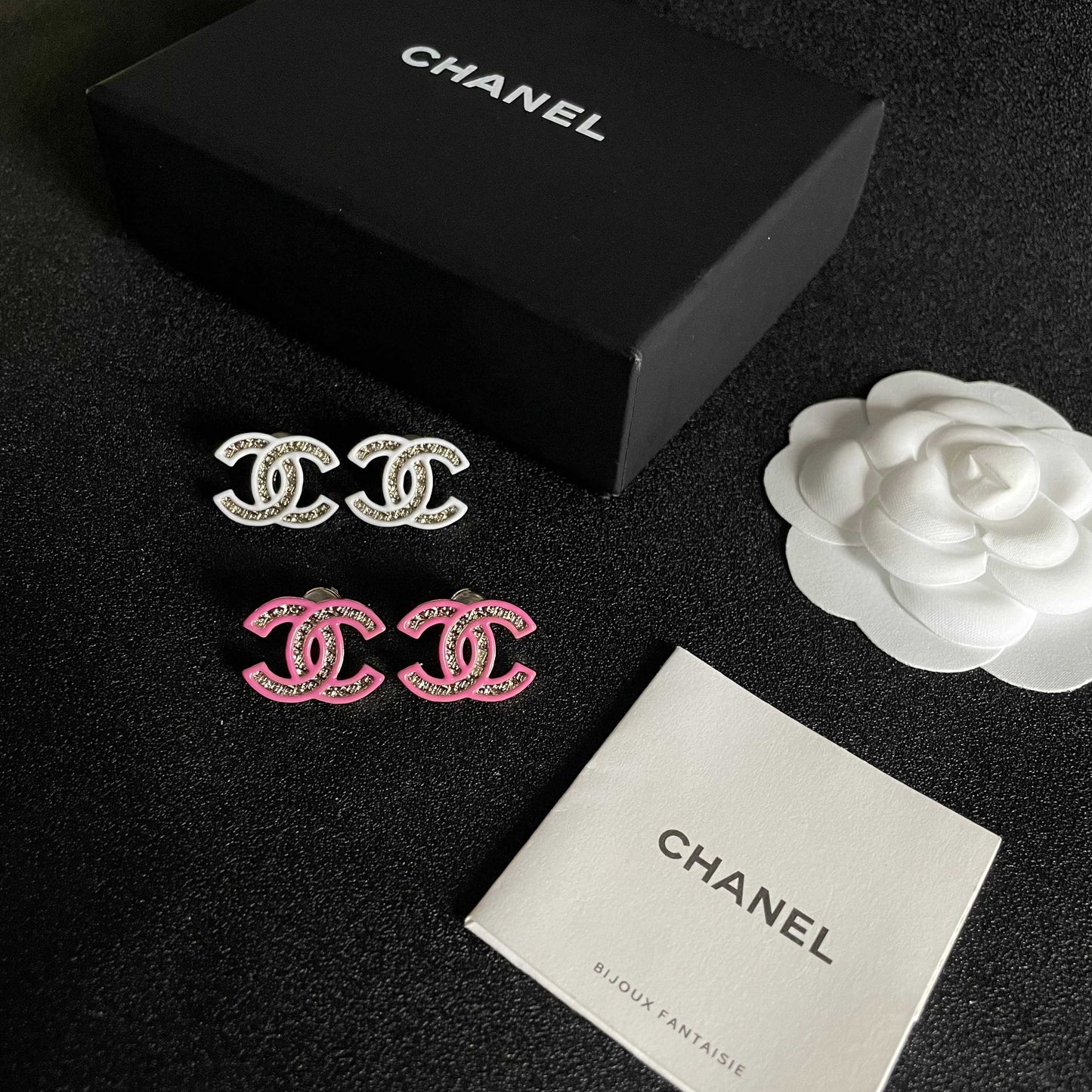 DOUBLE C STUD EARRINGS WITH PINK TRIM AND CENTER STONE