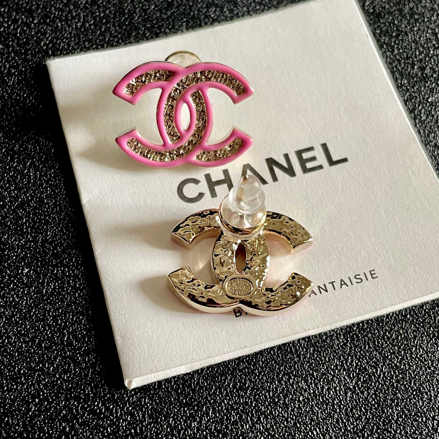 DOUBLE C STUD EARRINGS WITH PINK TRIM AND CENTER STONE