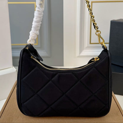 QUILTED HOBO SHOULDER BAG 22 IN BLACK RE-NYLON GOLD HARDWARE