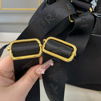 BACKPACK 30 IN BLACK RE-NYLON AND PATENT CALFSKIN GOLD HARDWARE