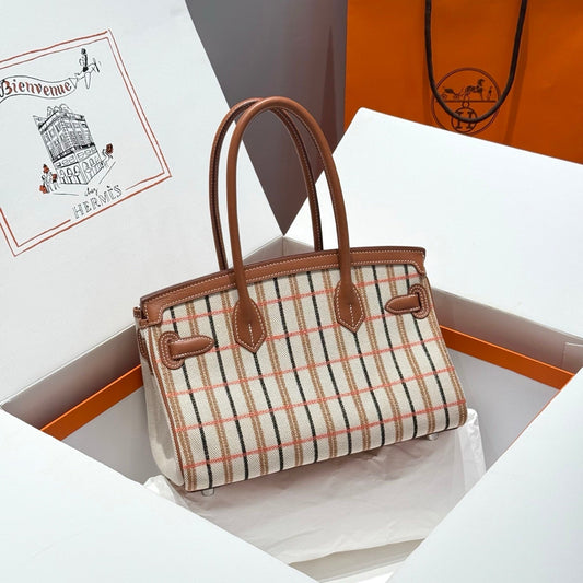 BIRKIN SHOULDER 29 IN GOLD CALFSKIN ÉCRU/BEIGE/FAUVE/ROSE POP/NOIR EMBROIDERY PLAID CANVAS