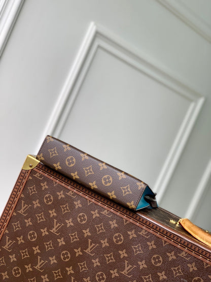 GASTON WEARABLE WALLET 18 IN BROWN MONOGRAM CANVAS MIX SKY CALFSKIN