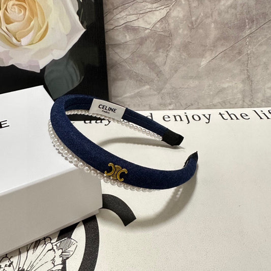NAVY BLUE DENIM FABRIC HAIRBAND WITH PEARL CHAIN 400483