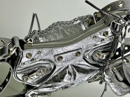 LE CAGOLE SMALL SHOULDER BAG 26 WITH RHINESTONES IN SILVER METALLIC ARENA LAMBSKIN