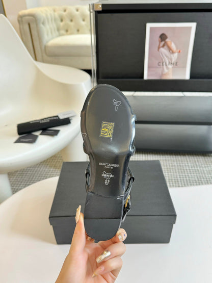 Yves SL Buckle Women Sandals Black Leather
