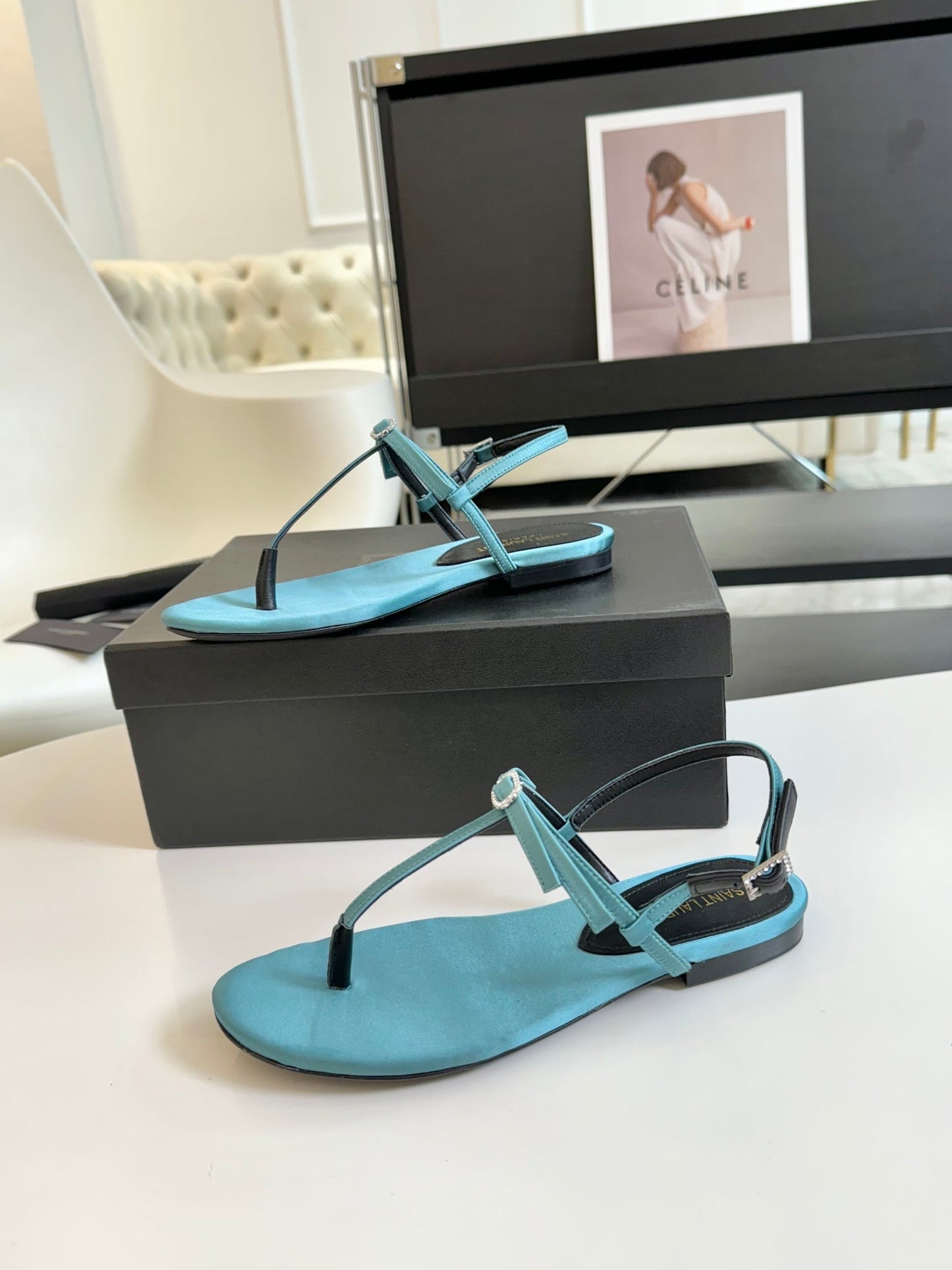 SL CRYSTAL T-STRAP FLAT SANDAL SAPPHIRE SATIN