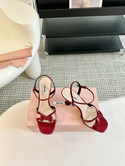 High Heels With Bows Crimson Color Glossy Leather