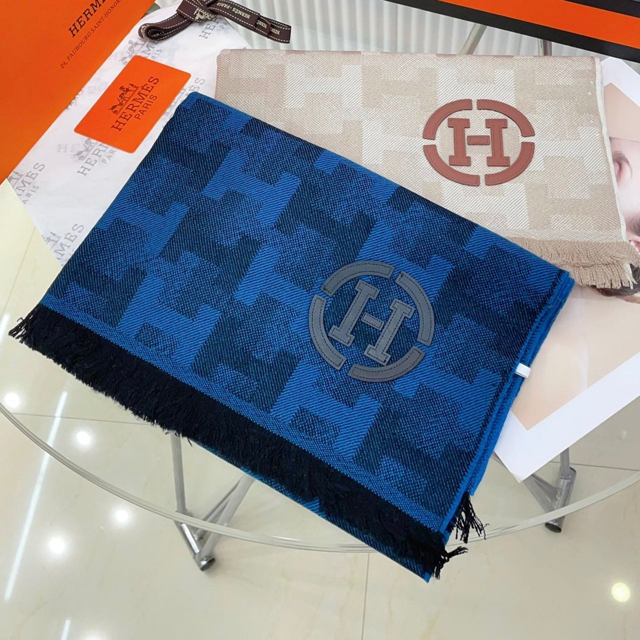 SCARF 200 CM IN COBALT BLUE MONOGRAM CASHMERE