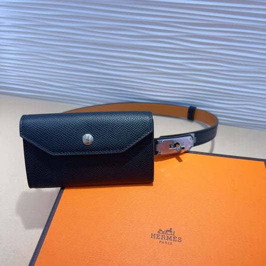 HM KELLY POCKET 18MM BELT BLACK LEATHER SILVER HARDWARE