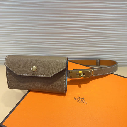 HM KELLY POCKET 18MM BELT CHOCOLATE BROWN LEATHER GOLD HARDWARE