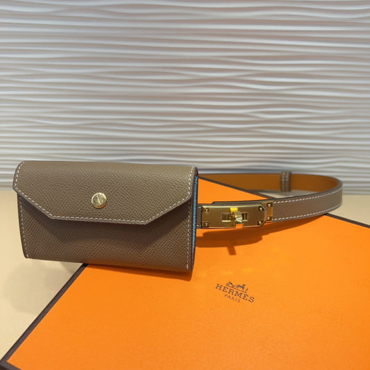 HM KELLY POCKET 18MM BELT CHOCOLATE BROWN LEATHER GOLD HARDWARE