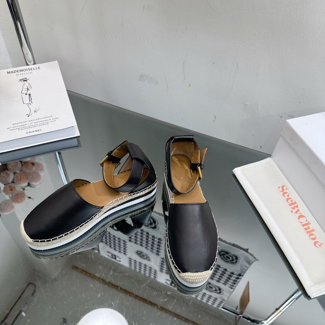 SEE BY ESPADRILLES SANDAL IN BLACK CALFSKIN AND WOVEN RAFFIA