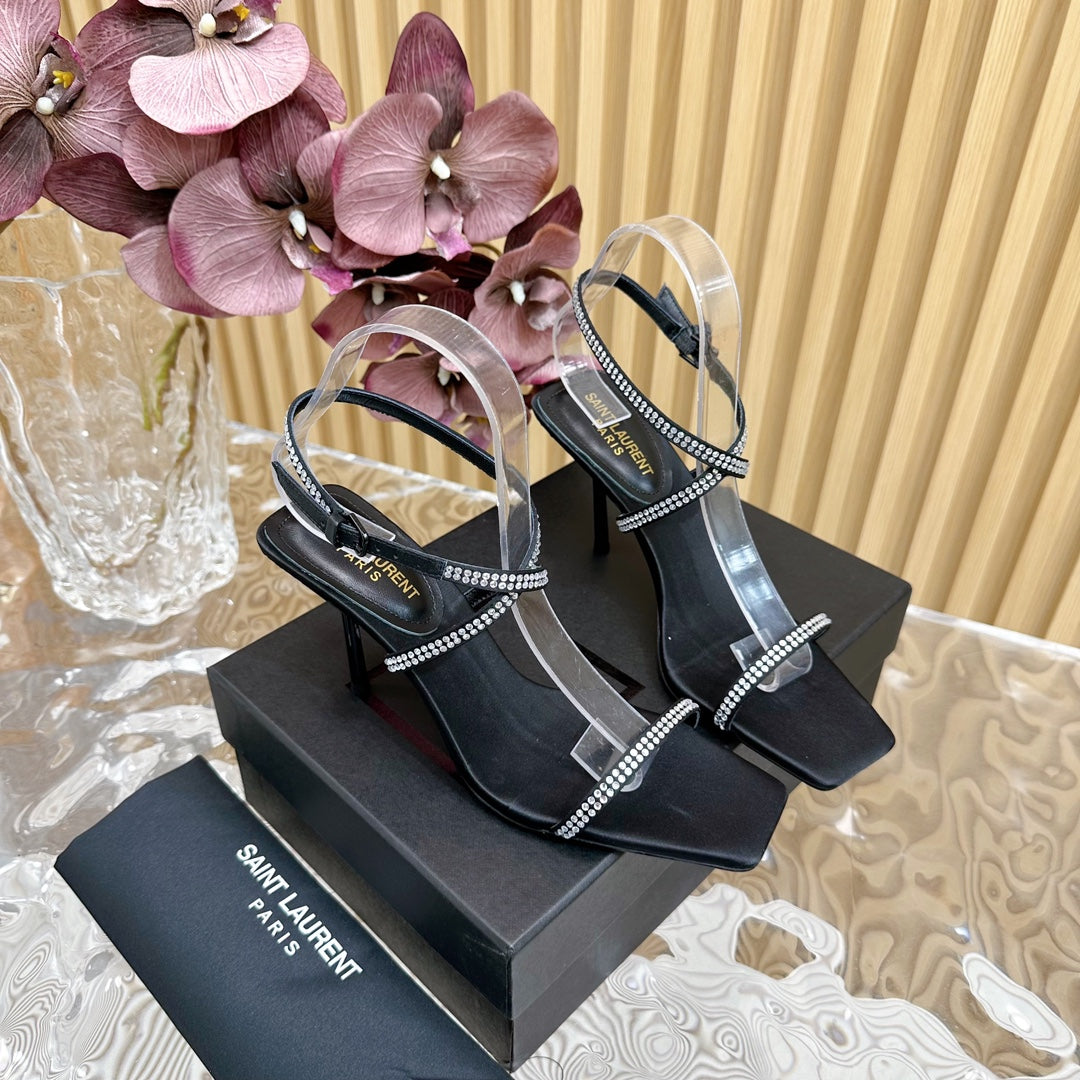 NUIT SANDALS 85 IN BLACK CREPE SATIN AND WHITE RHINESTONES