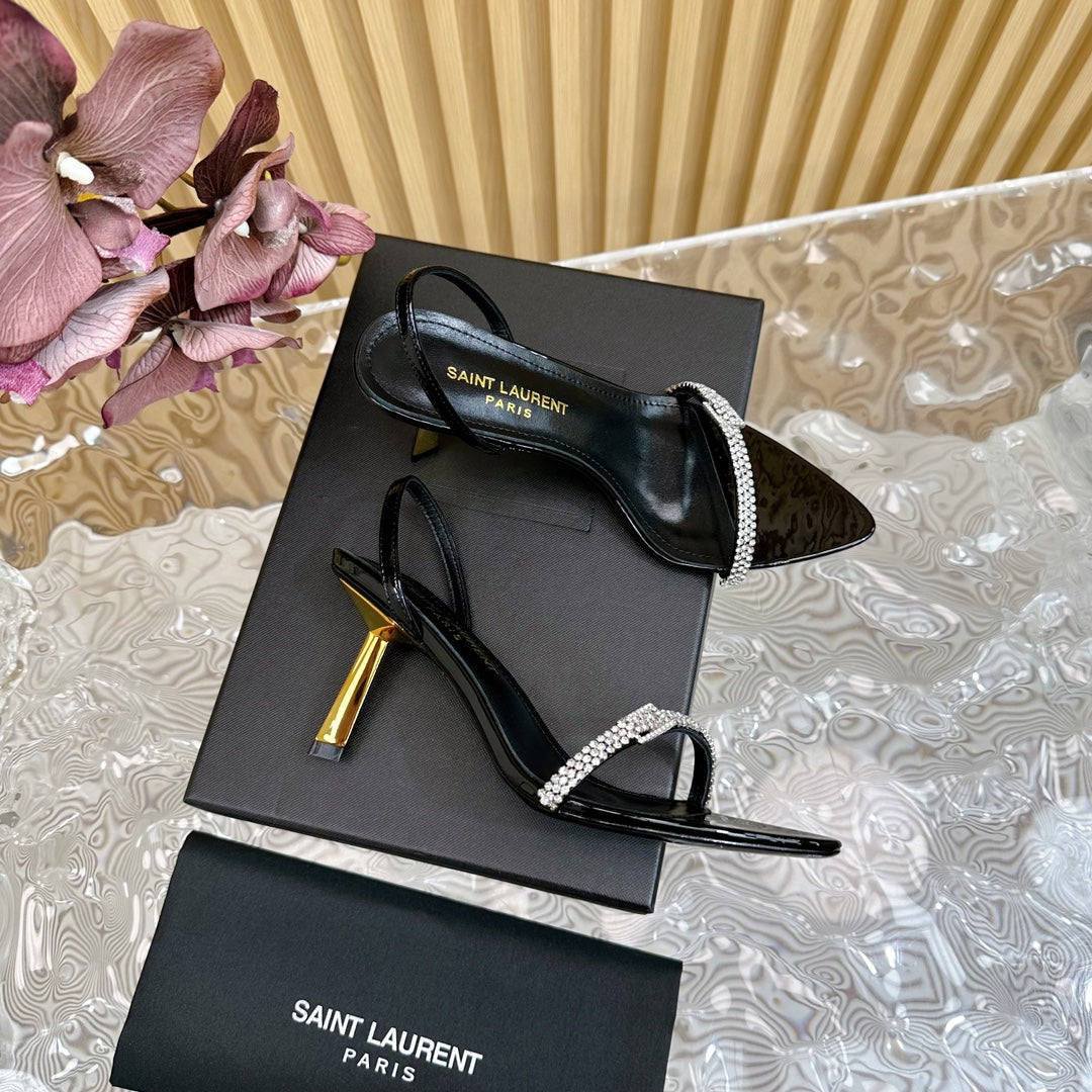 RENDEZ-VOUS SANDALS 70 IN SATIN CREPE PATENT BLACK LEATHER