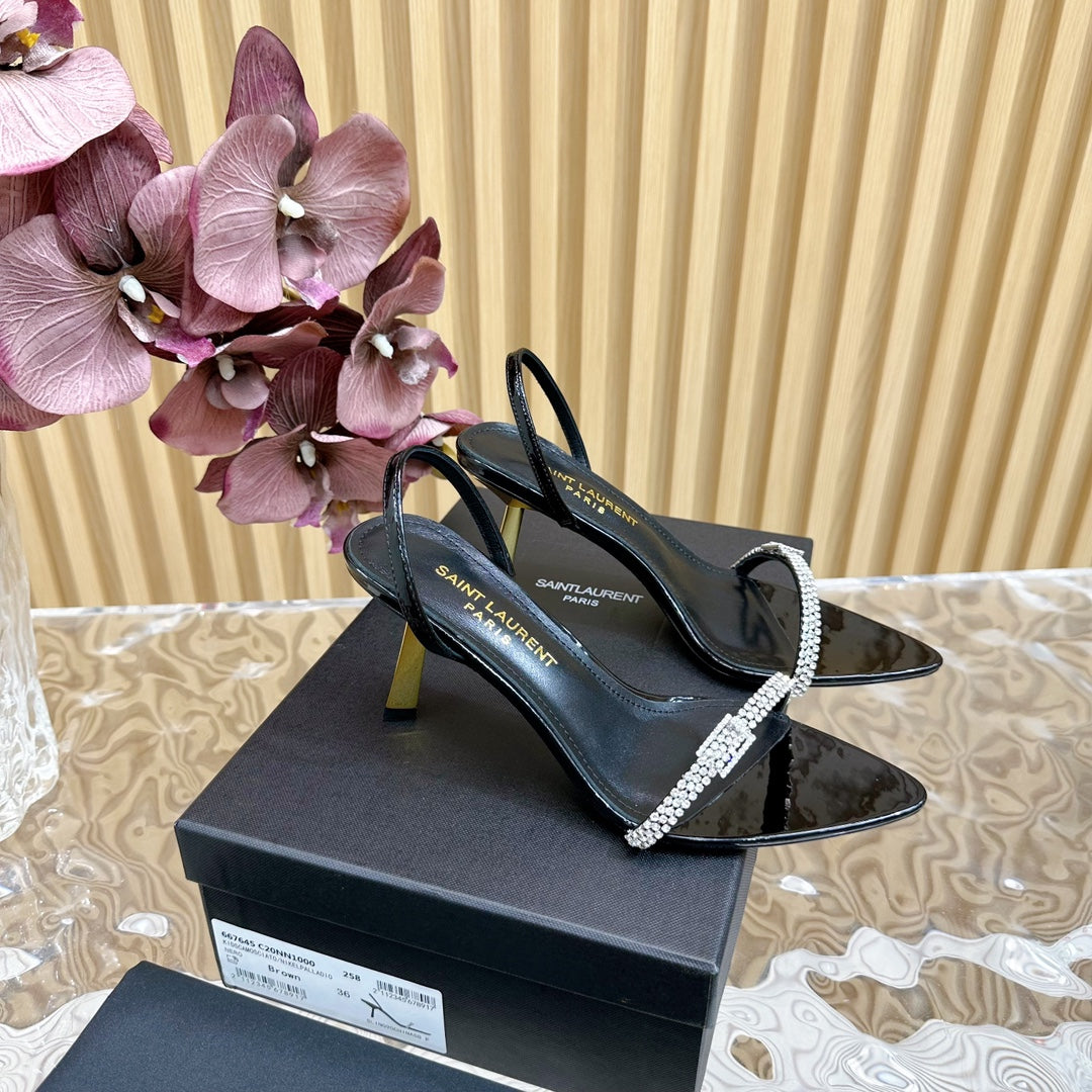 RENDEZ-VOUS SANDALS 70 IN SATIN CREPE PATENT BLACK LEATHER