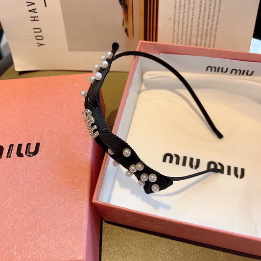HEADBAND WITH BOW IN BLACK COTTON ATTACHED PEARLS 406039
