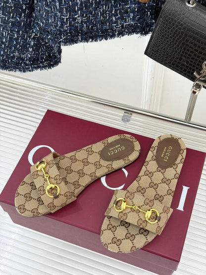 SLIDE SANDALS IN DARK BEIGE FABRIC EMBOSSED LOGO