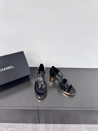 BLOCK HEEL SANDALS BLACK SHEEPSKIN