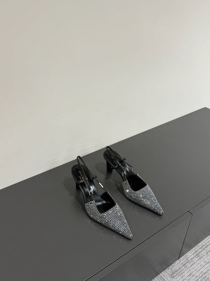 HIGH SLINGBACKS POINTED-TOE IN BLACK LAMBSKIN WITH SILVER CRYSTALS