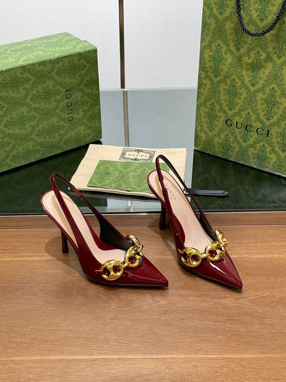GG HIGH SLINGBACK 10.5 CM IN WINE RED GLOSSY CALFSKIN WITH GOLD HARDWARE