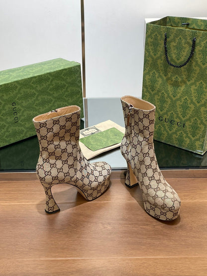 GG HIGH SANDAL 11.5 CM IN CAMEL BROWN MONOGRAM JACQUARD FABRIC