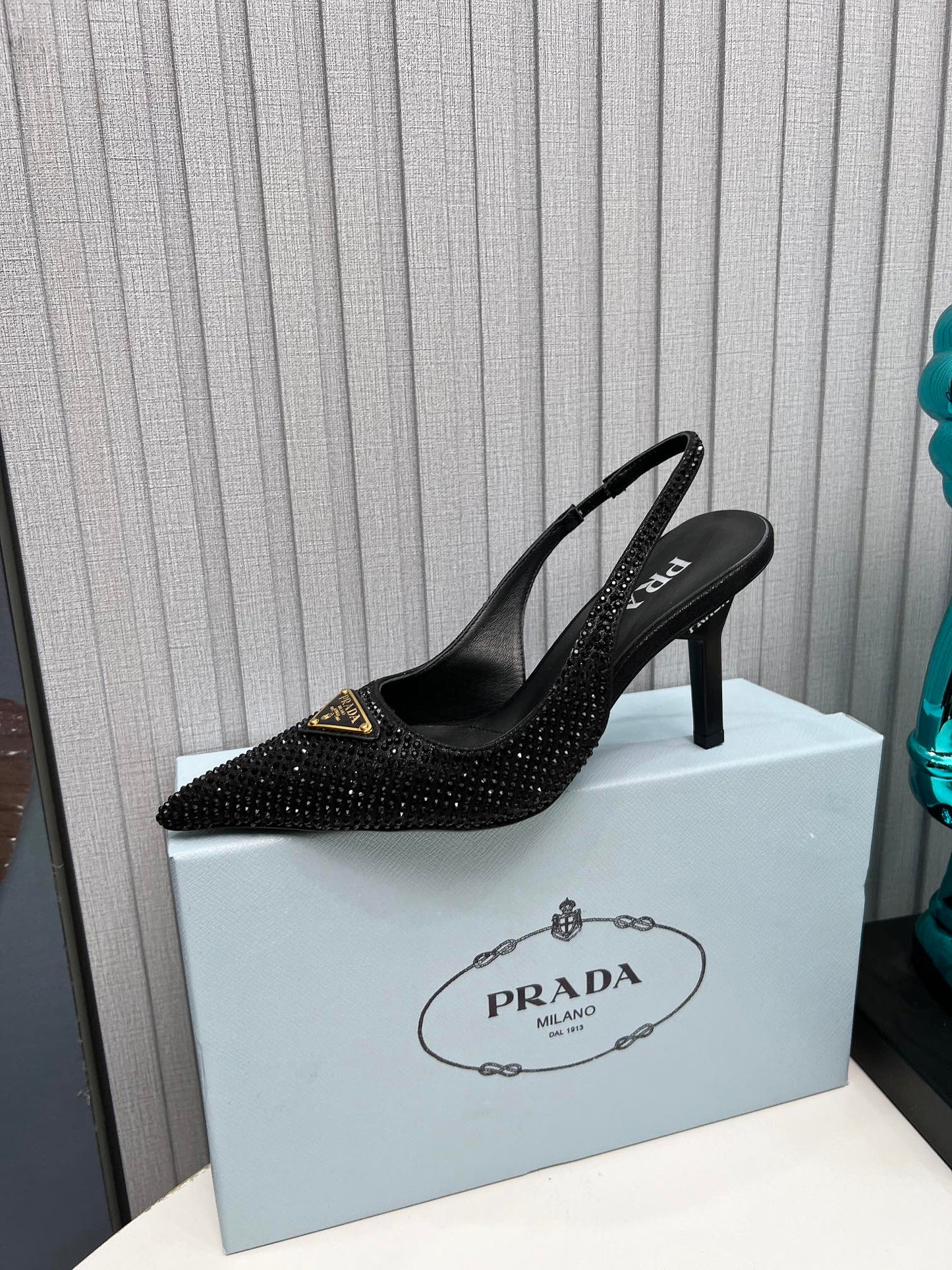 CRYSTAL SATIN HIGH-HEEL SLING BACK PUMPS BLACK