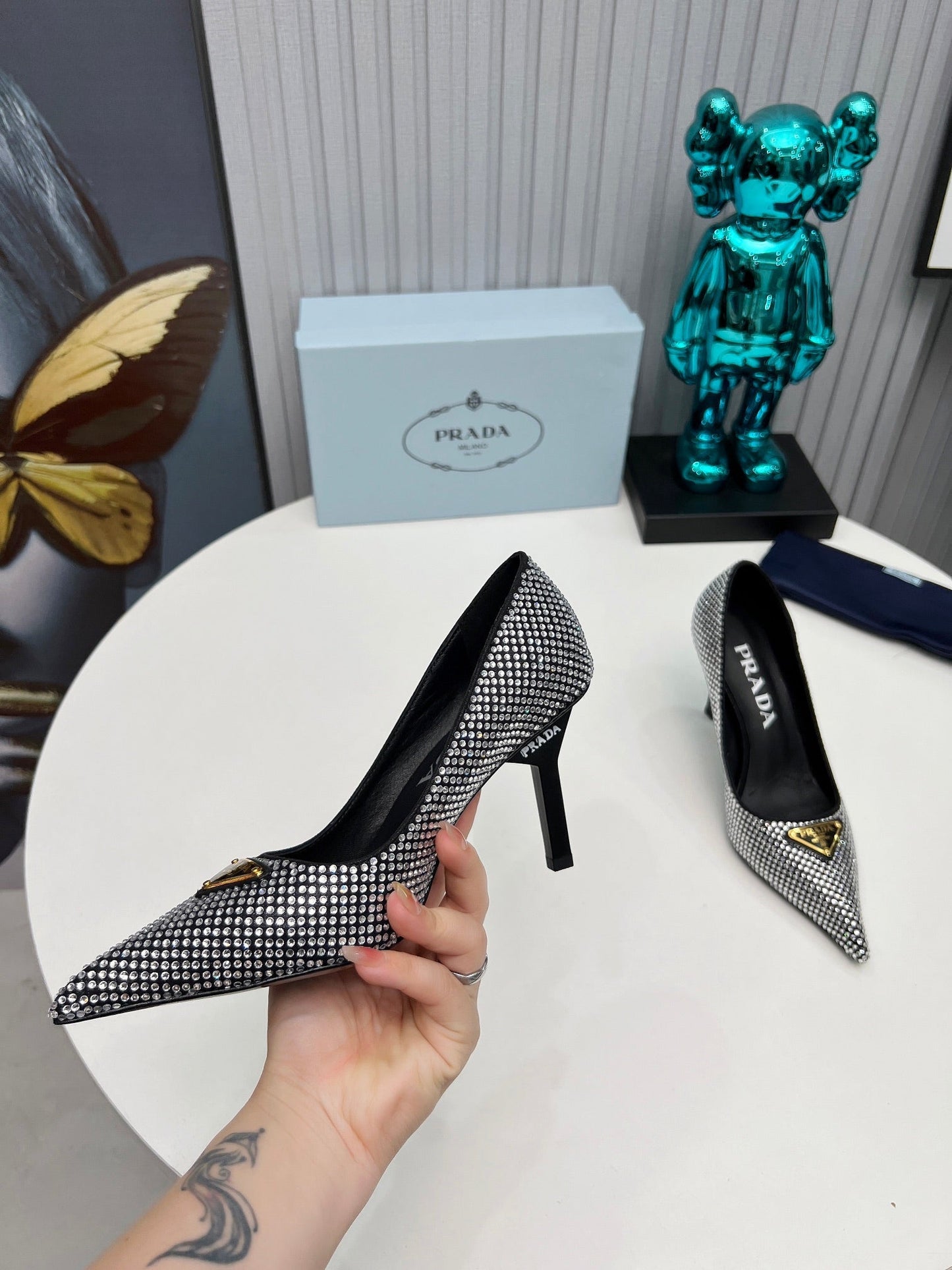 TRIANGLE LOGO HIGH-HEEL PUMPS IN BLACK SATIN WITH WHITE CRYSTALS