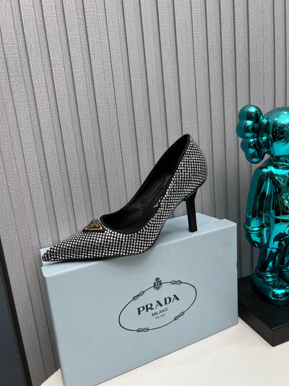 TRIANGLE LOGO HIGH-HEEL PUMPS IN BLACK SATIN WITH WHITE CRYSTALS
