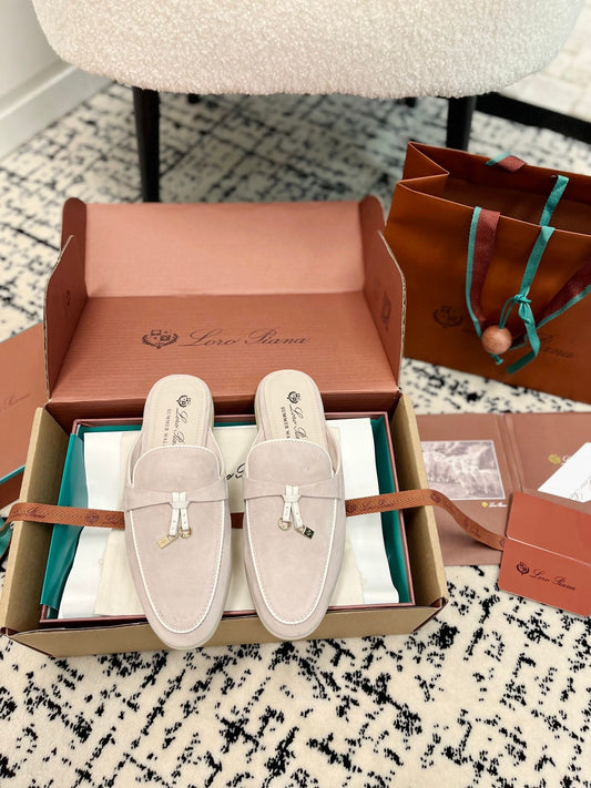 Loro Piana Light Grey White Suede Charms Walk Flat Mules