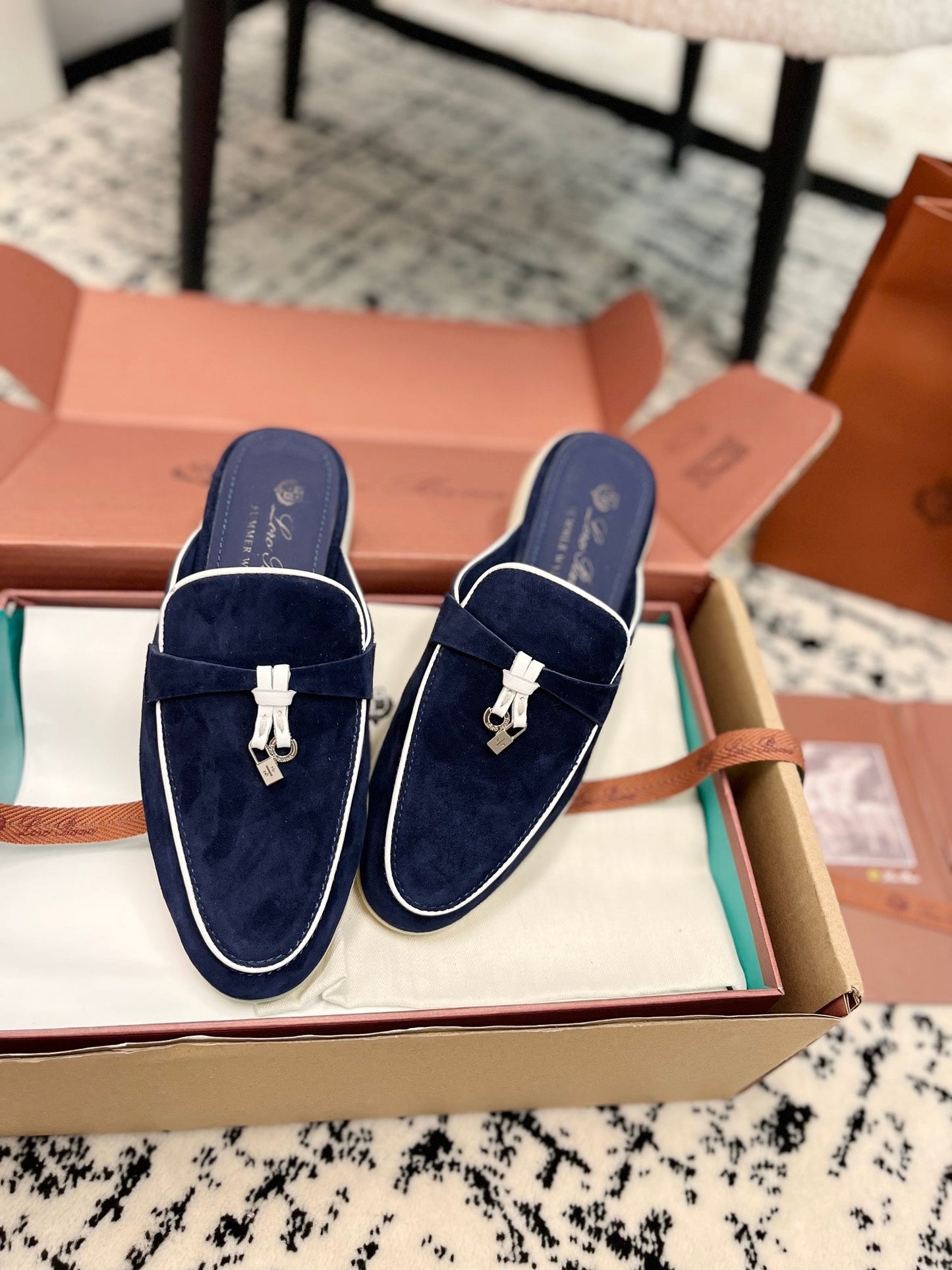 Loro Piana Navy White Suede Charms Walk Flat Mules