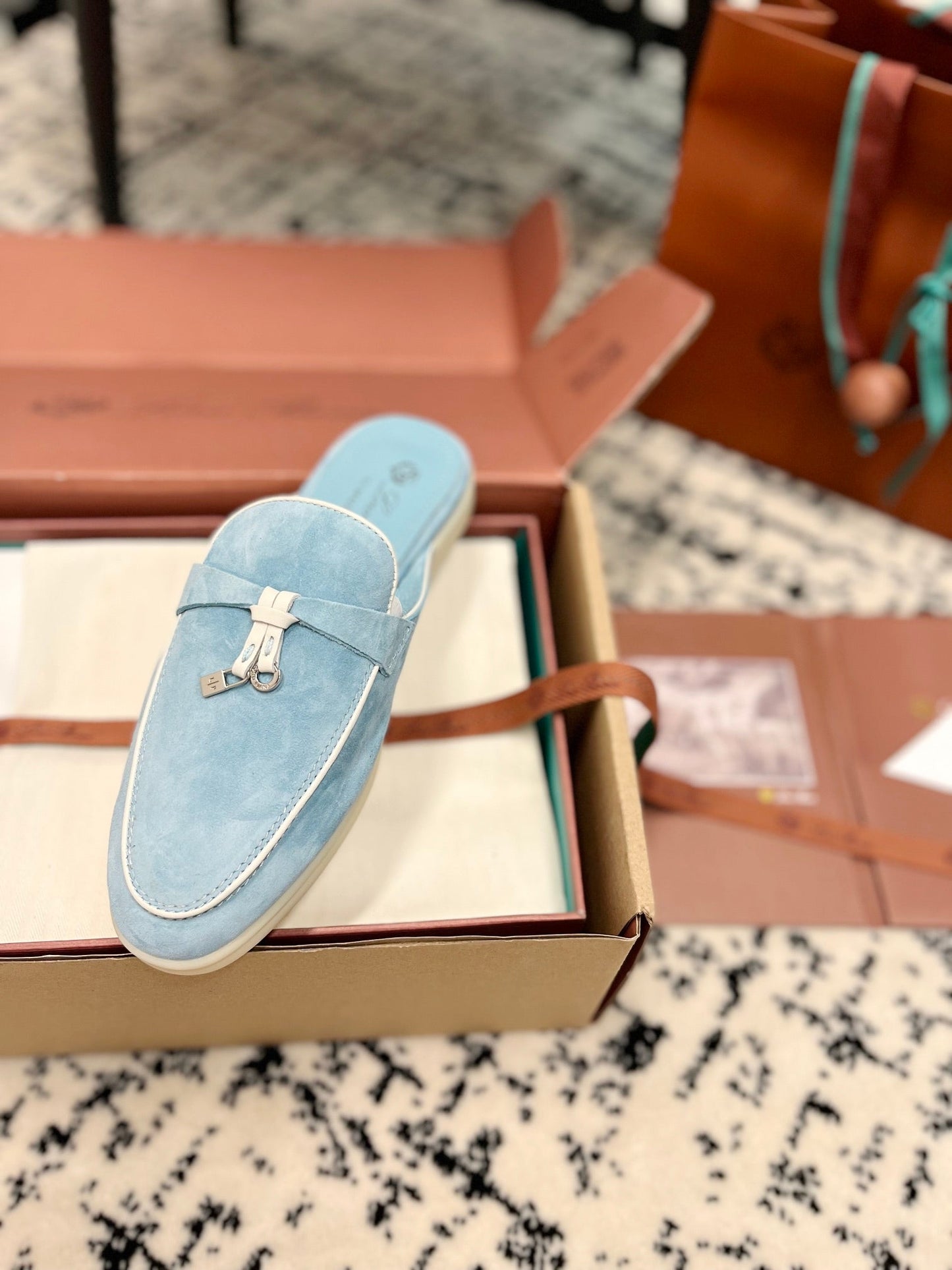 Loro Piana Blue Sky White Suede Charms Walk Flat Mules