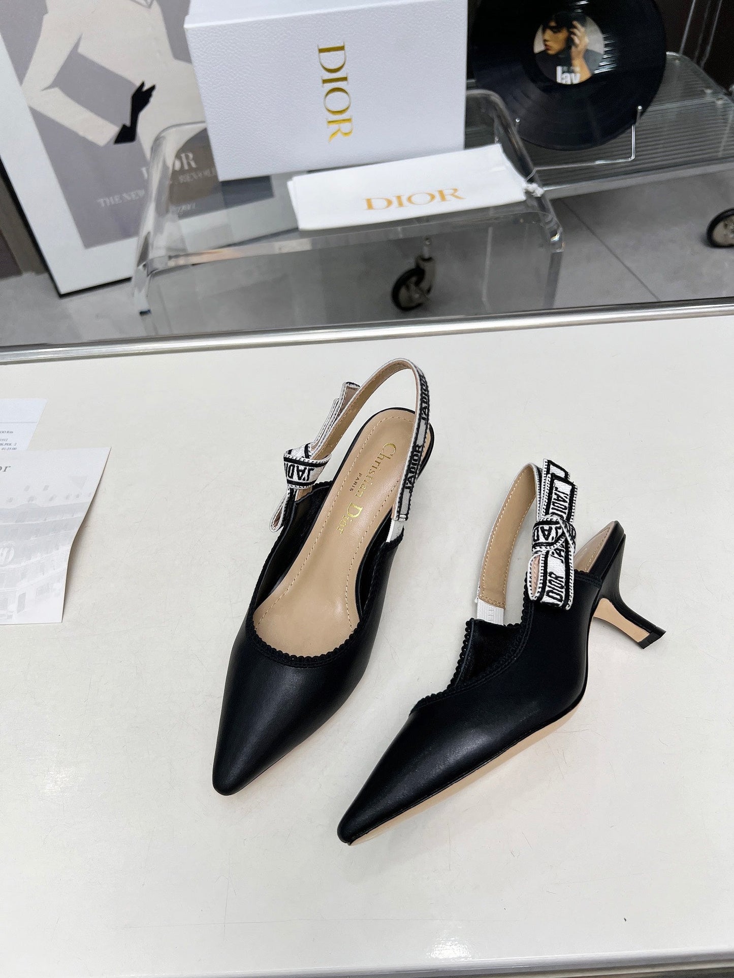J'ADIOR SLINGBACK PUMP BLACK CALFSKIN AND EMBROIDERED FABRIC 65 MM
