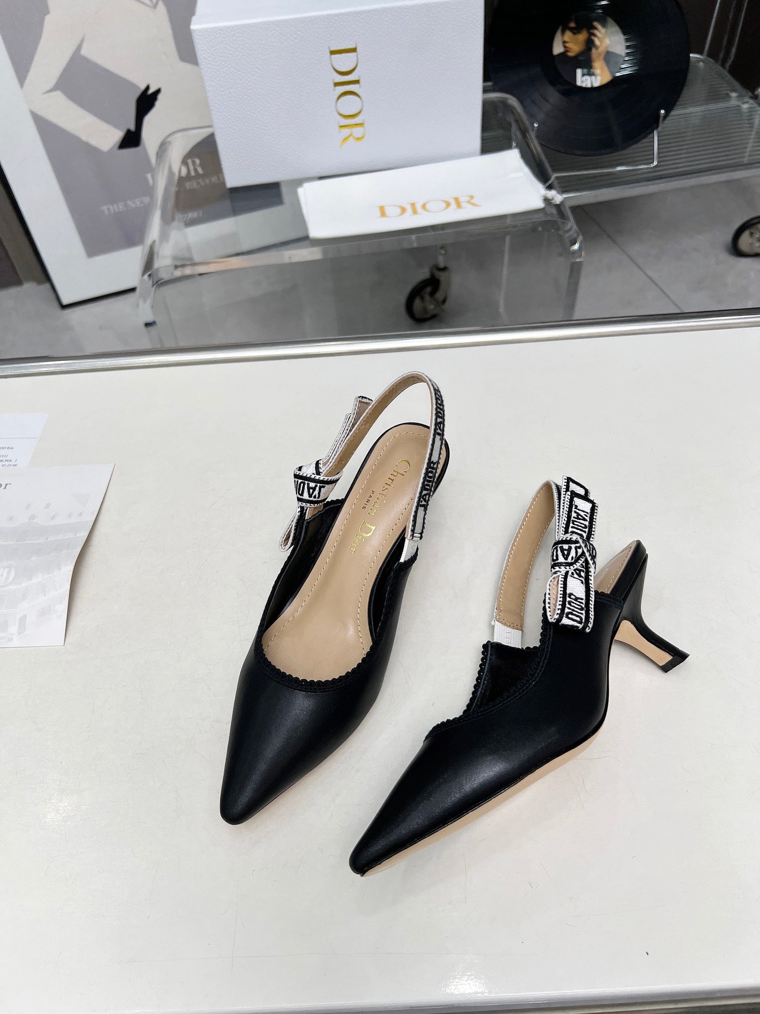 J'ADIOR SLINGBACK PUMP BLACK CALFSKIN AND EMBROIDERED FABRIC 65 MM