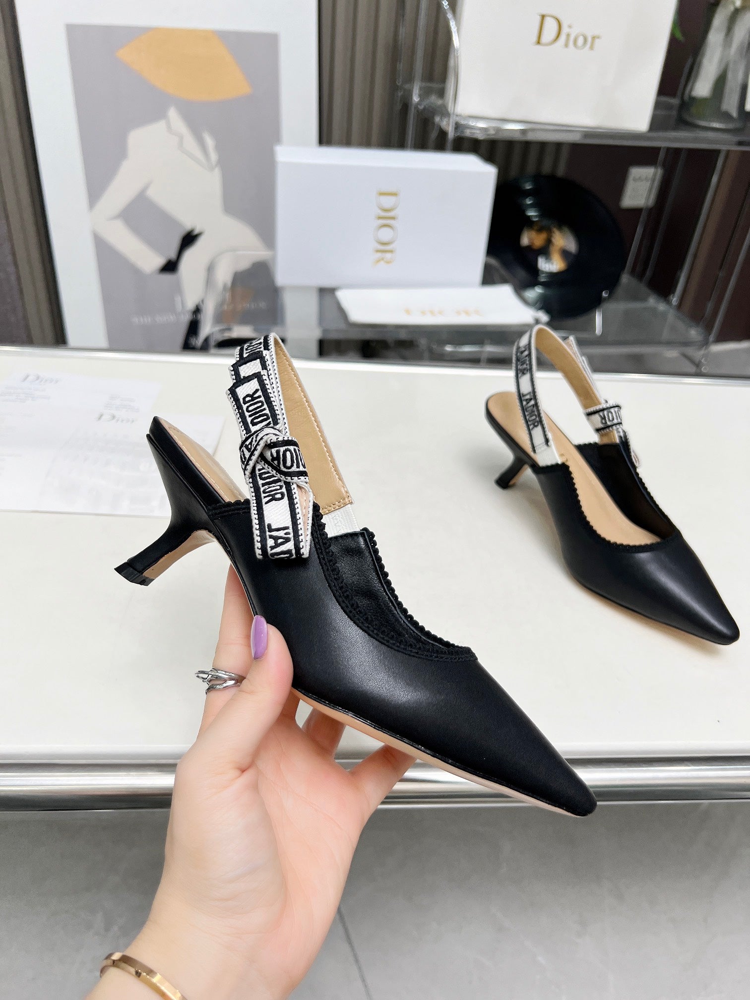 J'ADIOR SLINGBACK PUMP BLACK CALFSKIN AND EMBROIDERED FABRIC 65 MM