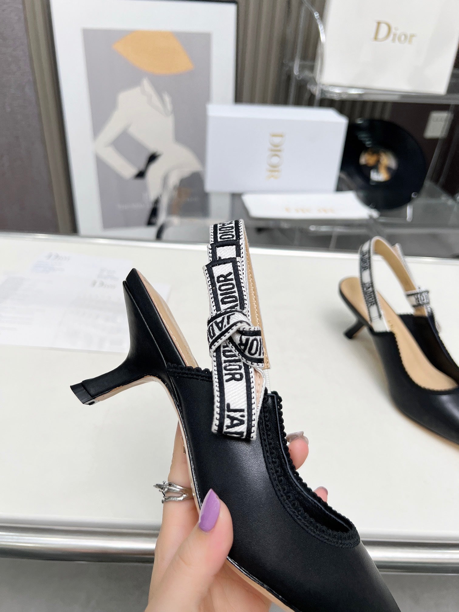 J'ADIOR SLINGBACK PUMP BLACK CALFSKIN AND EMBROIDERED FABRIC 65 MM