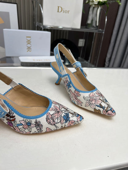 J'ADIOR SLINGBACK PUMP COLORFUL NATURAL RAFFIA AND EMBROIDERED COTTON 65 MM 130845