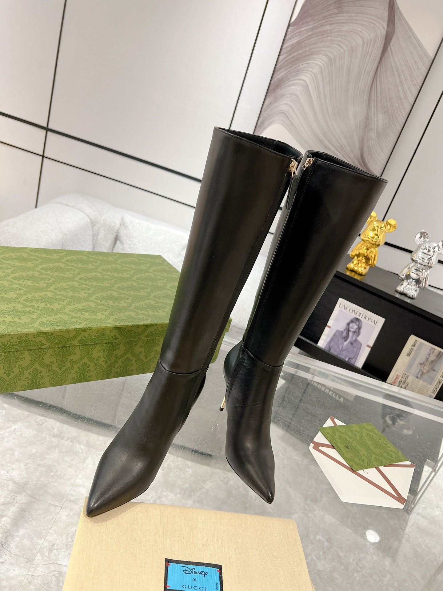 GG KNEE BOOTS IN BLACK CALFSKIN WITH GOLD PLATED HEEL
