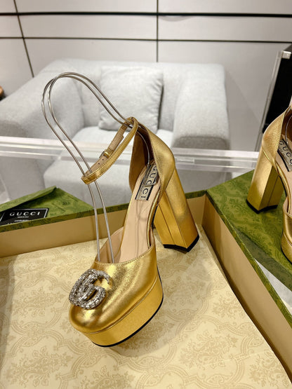 GG CRYSTALS PLATFORM PUMPS METALLIC GOLD CALFSKIN