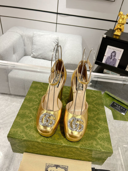 HIGH SANDAL SQUARE HEEL 12 CM IN GOLD CALFSKIN