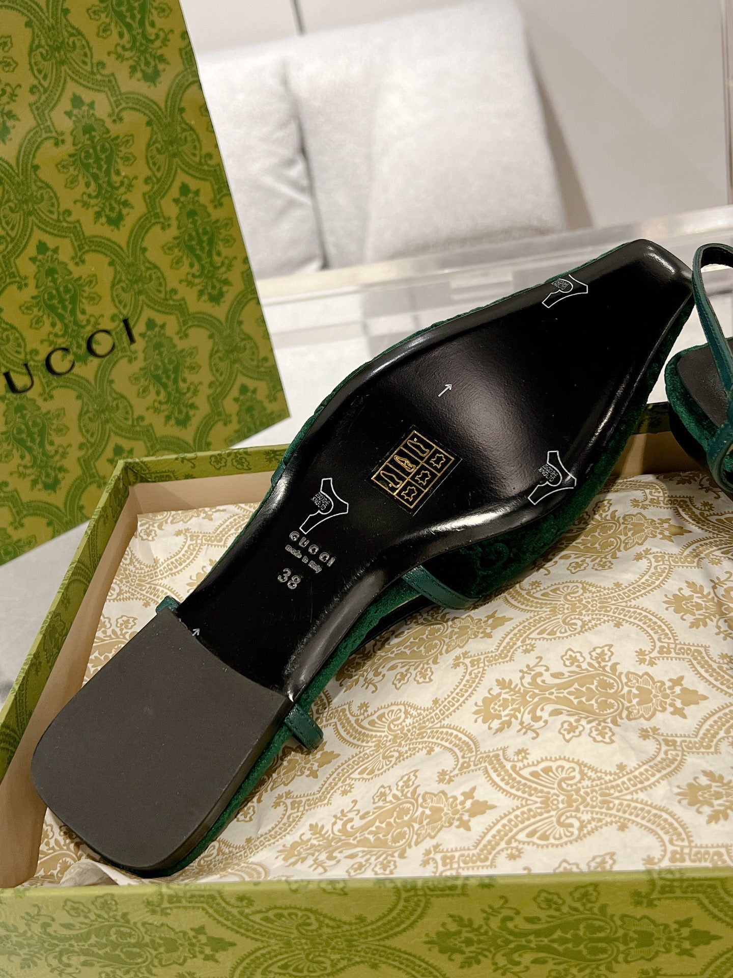 SLINGBACK FLATS IN GREEN FOREST VELVET