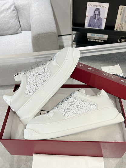 GG SCREENER SNEAKER WITH CRYSTALS IN IVORY BEIGE MIX RHINO GRAY CALFSKIN