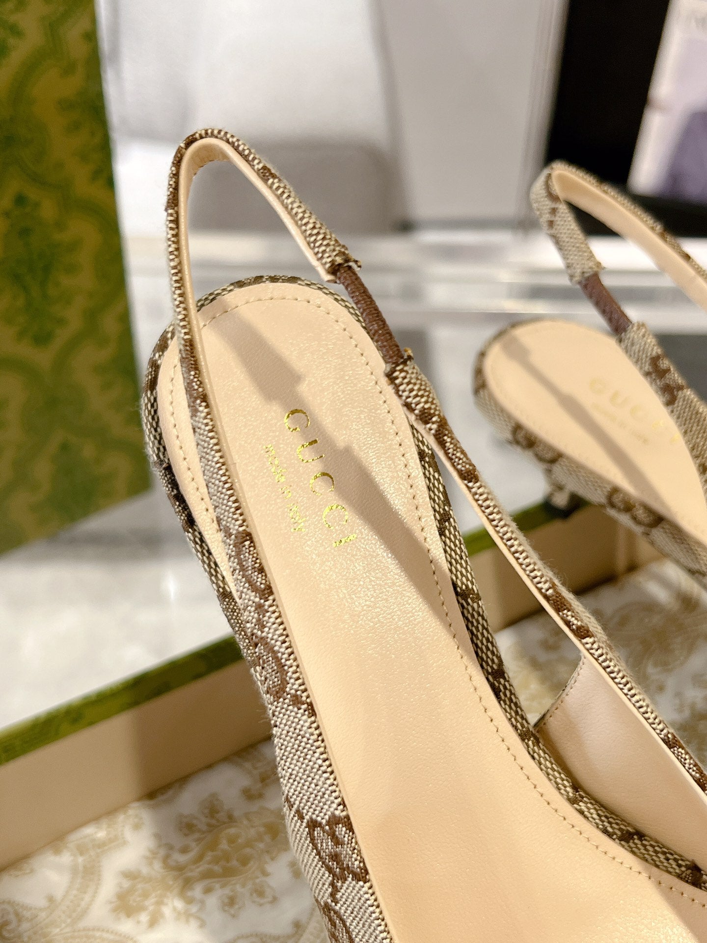 GG MID-HEELED SLINGBACK 4.5 CM IN TAN BEIGE CANVAS
