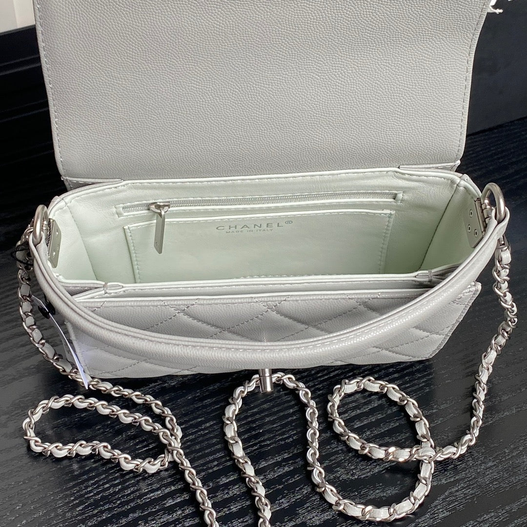 RETRO STYLE FLAP BAG 19 IN RHINO GRAY GRAINED CALFSKIN GOLD HARDWARE
