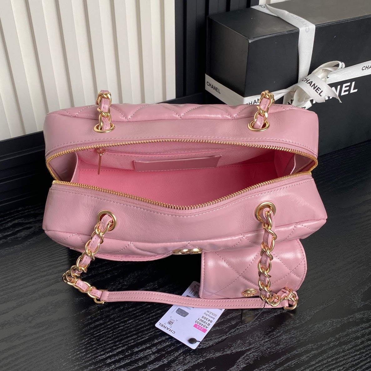 BOWLING BAG 29 IN BABY PINK CALFSKIN GOLD HARDWARE