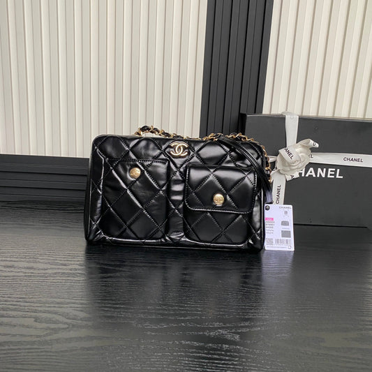 BOWLING BAG 29 IN BLACK SHINY CALFSKIN GOLD HARDWARE