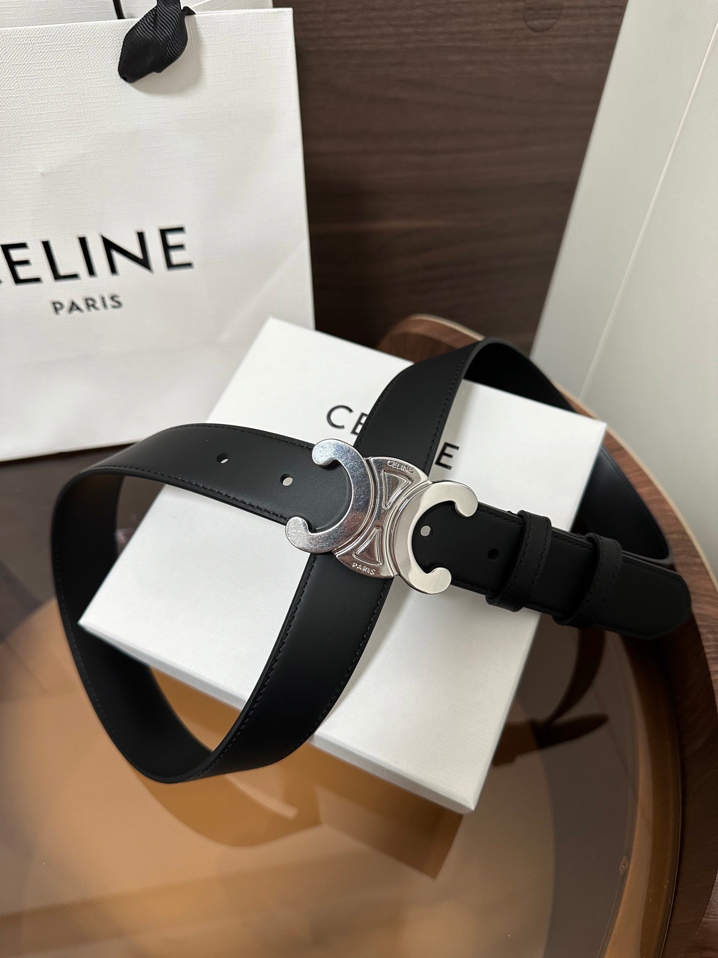 TRIOMPHE BELT 30MM IN BLACK CALFSKIN WITH SILVER BUCKLE