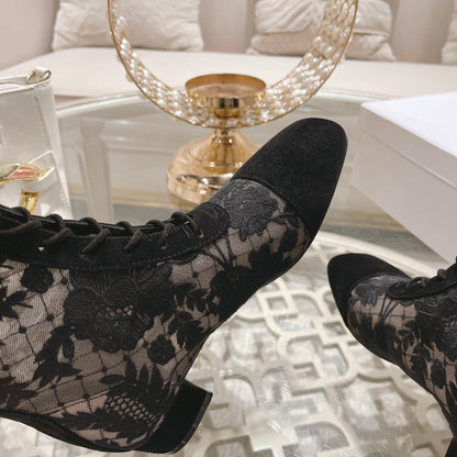 NAUGHTILY-D BOOT BLACK TRANSPARENT MESH AND SUEDE EMBROIDERED WITH ROSES MOTIF 35 MM