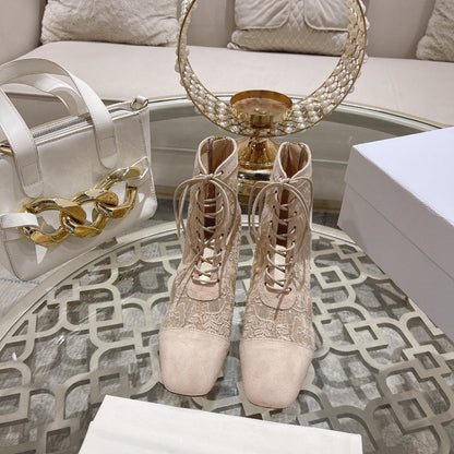 NAUGHTILY-D ANKLE BOOT NUDE BEIGE TRANSPARENT MESH AND SUEDE EMBROIDERED WITH ROSES MOTIF 35 MM