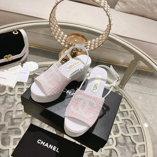 WEDGE SANDALS IN LIGHT PINK FABRIC WITH WHITE LOGO