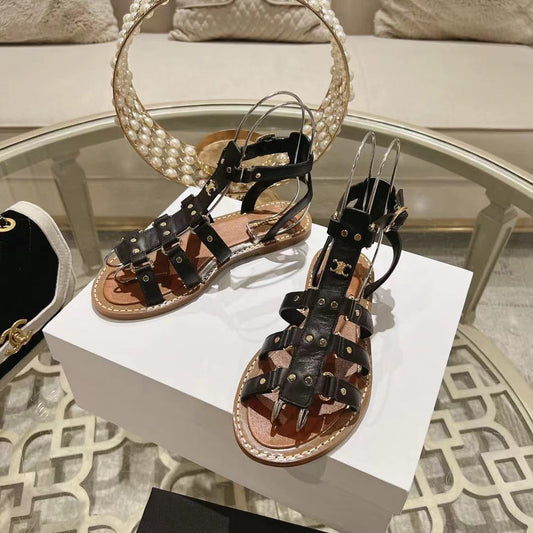 CLEA TRIOMPHE GLADIATOR SANDAL IN BLACK CALFSKIN - VEGETAL TANNING